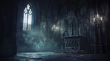 A dimly lit, gothic-style living room with an eerie ambience. The room features tall, arched windows, intricate fixtures, and cobwebbed candelabras.