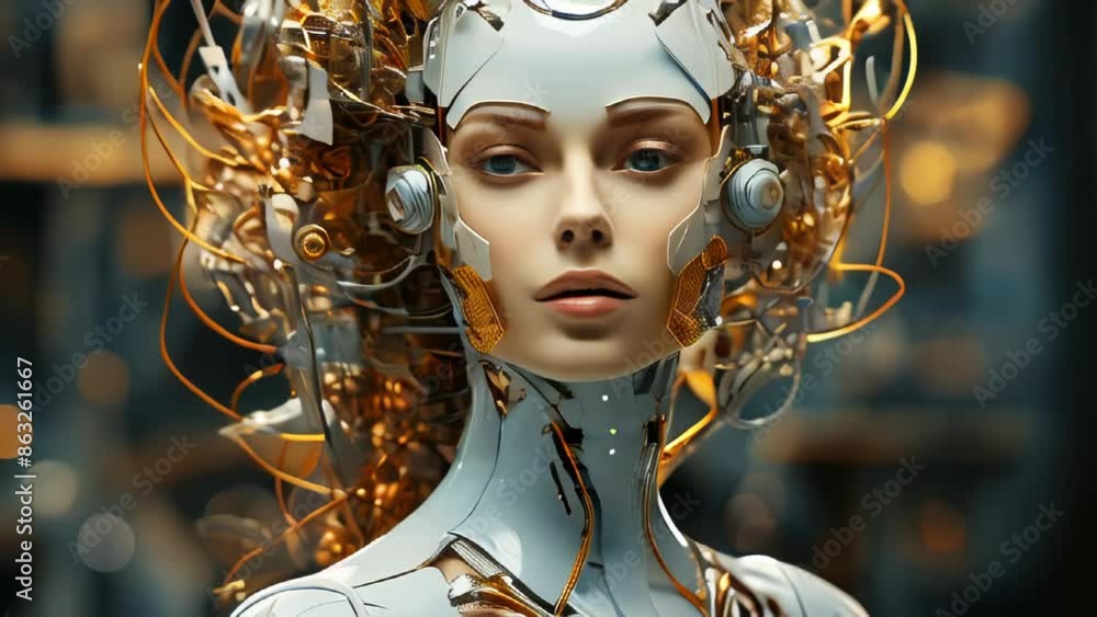 Poster connection of human woman and artificial intelligence robot. the concept of merging a person and a c