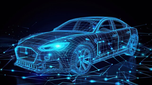 A digitally rendered wireframe concept of a futuristic AR car, showcasing intricate design and augmented reality elements in a blue neon style against a dark background.