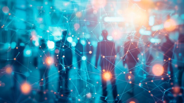 Abstract image of people walking in a city with glowing lines connecting them, representing social connections and communication.