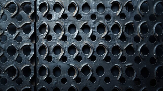 Abstract metal texture with repeating pattern of embossed shapes.