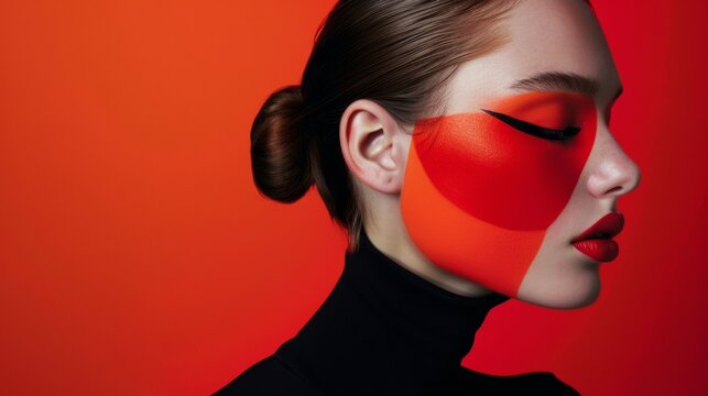 Woman With Red Face Paint and Bold Eyeliner. Generative AI