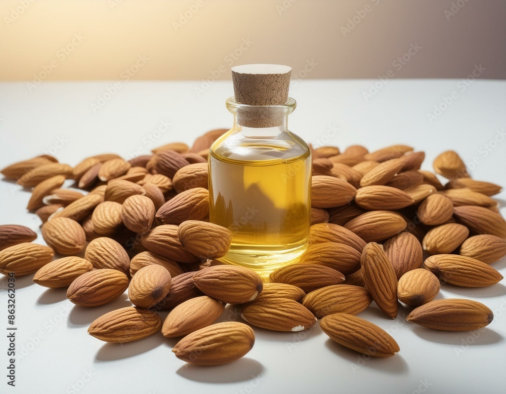 Wall mural A bottle of aromatic almond oil surrounded by scattered almonds on a white surface.