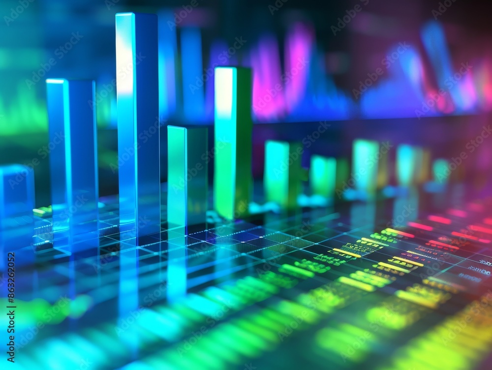 Poster abstract neon glowing bars chart with data in the background. modern technology concept.