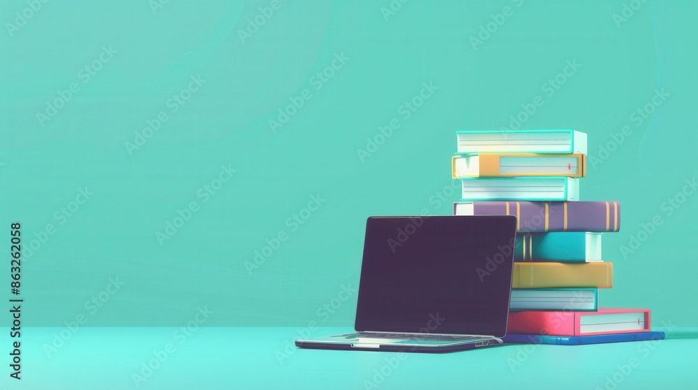 Poster a laptop rests on a teal surface next to a stack of colorful textbooks, representing the blend of tr