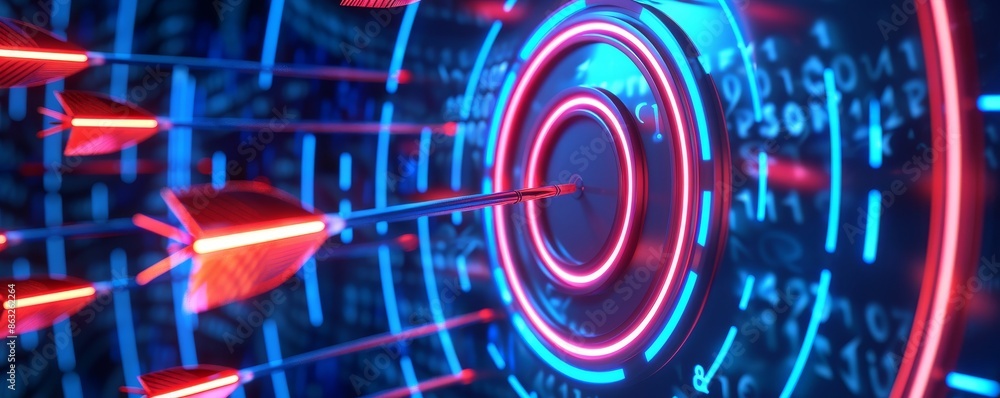 Aufkleber abstract neon target with arrows in a futuristic setting.