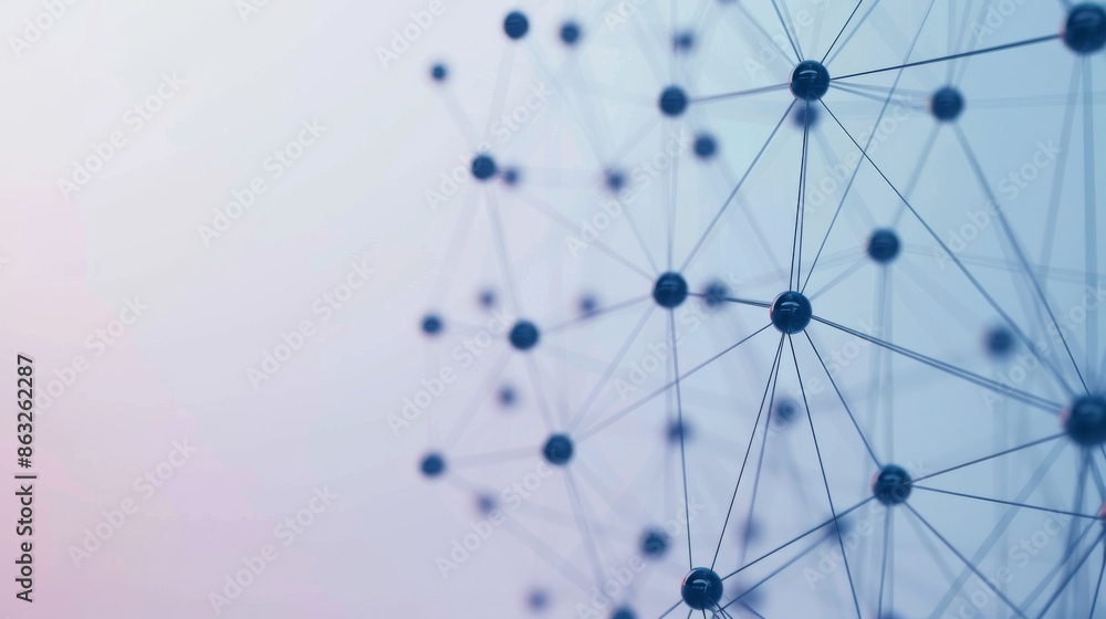Poster abstract network of connected dots and lines on a soft blue and pink background.