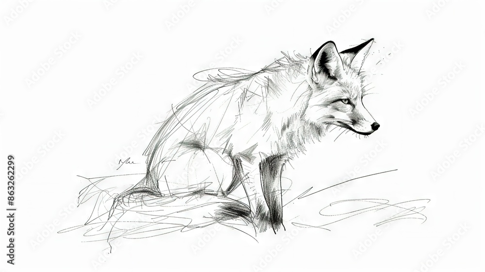 Wall mural black-and-white illustration depicting a fox perched on the ground, tilting its head toward the imag