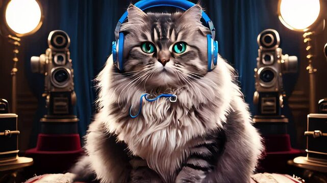 A cat wearing headphones to listen to music