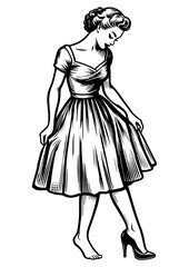 Fototapeta premium woman in a dress adjusting her high heel, classic elegance and feminine grace sketch engraving generative ai fictional character PNG illustration. Scratch board imitation. Black and white image.