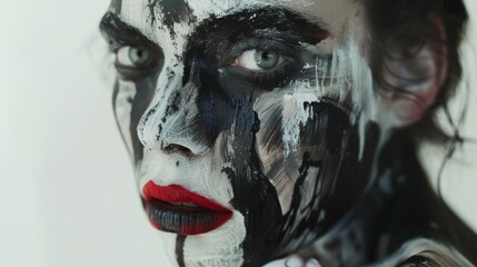 Naklejka premium Close-Up Portrait of a Woman With Black and White Face Paint. Generative AI