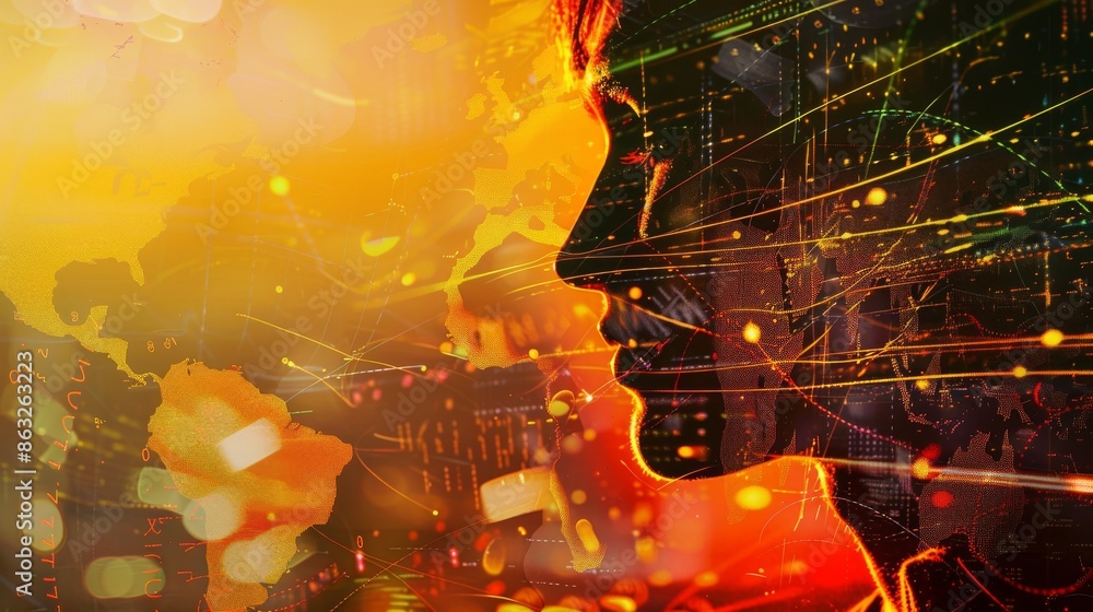 Poster abstract portrait of a person with digital lines and glowing lights, representing technology and con