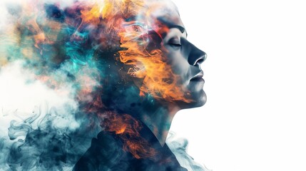 Abstract portrait of a person with flames and smoke surrounding their head.  The image represents passion, creativity, and inner strength.