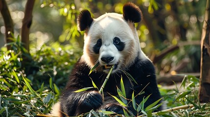 Fototapeta premium Photo of panda shot direction the right side pose eating bamboo time of day early morning