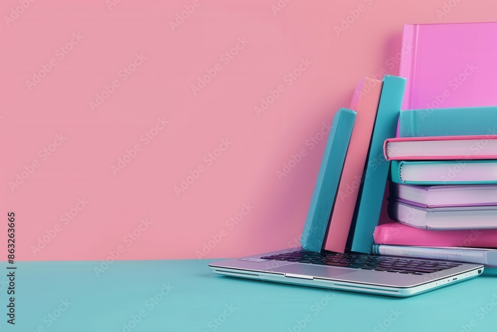 Poster a laptop rests on a teal surface next to a stack of colorful textbooks, symbolizing modern learning 
