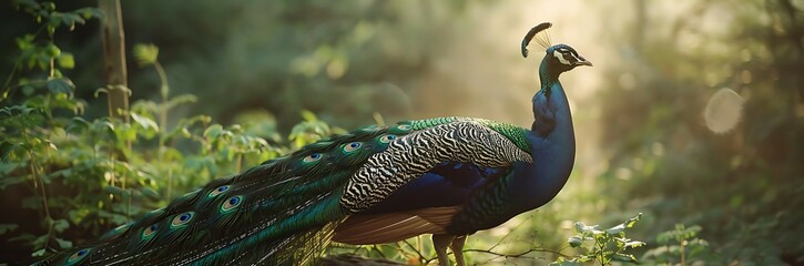 Photo of a peacock shot direction from the right side pose displaying feathers time of day late morning © Premium Graphics