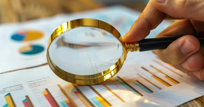 Magnifying glass highlighting printed consumer insights reports and charts held by a hand, emphasizing detailed analysis. Consumer insights