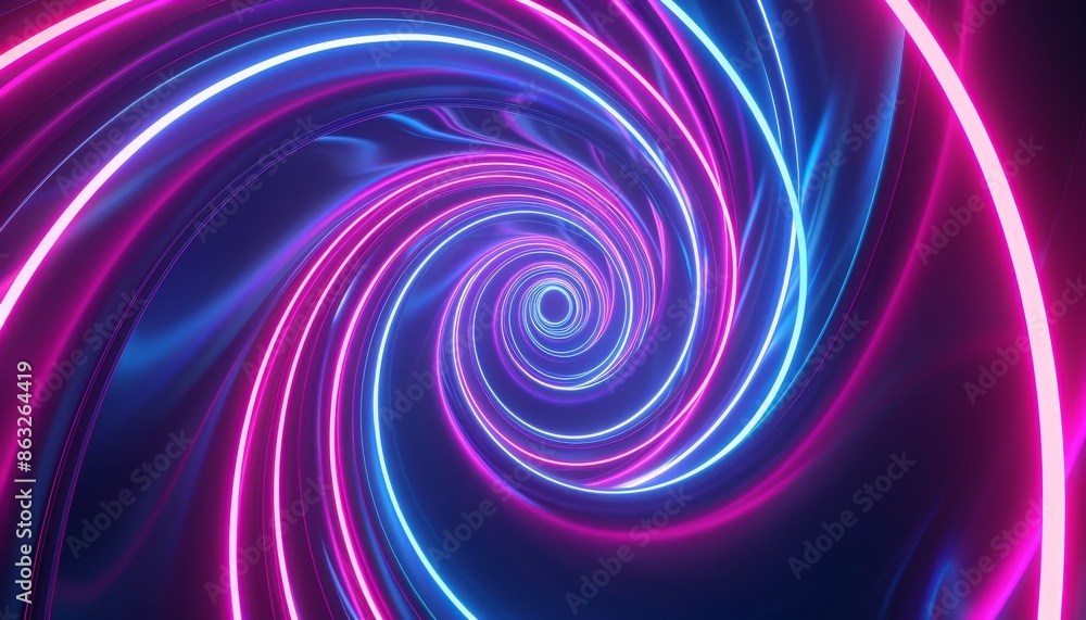 Poster abstract swirling neon lines in pink and blue, creating a mesmerizing psychedelic pattern on a dark 