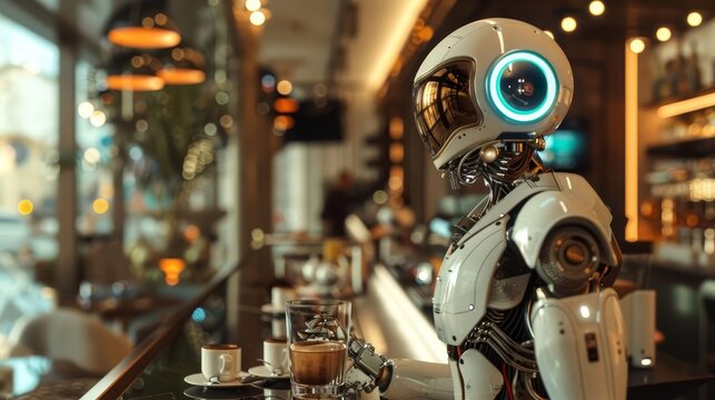 A futuristic coffee shop with robotic baristas, Warm tones, Cyberpunk, 3D rendering, Cozy