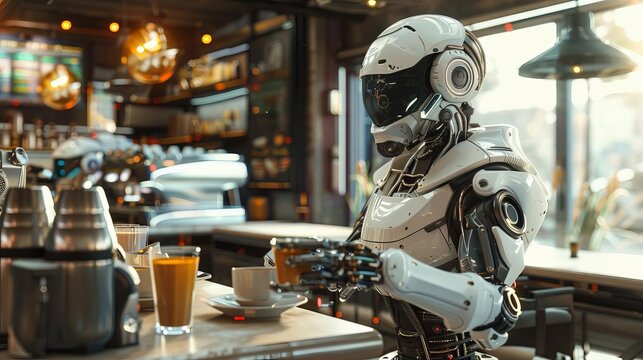 A futuristic coffee shop with robotic baristas, Warm tones, Cyberpunk, 3D rendering, Cozy