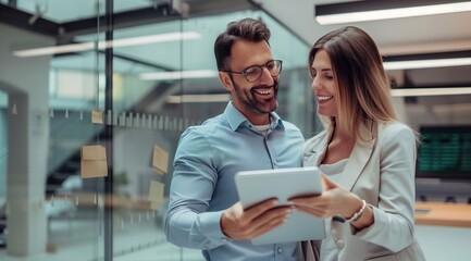 Professional happy manager showing work plan using tab helping employee. Smiling colleagues working with digital tablet talking in office.