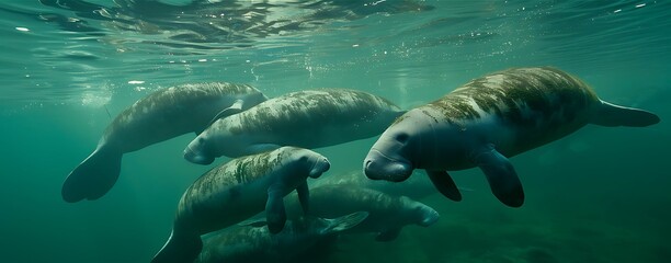 Fototapeta premium Photo of a pod of manatees shot direction from below pose swimming together time of day midday 