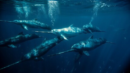 Photo of a pod of narwhals shot direction from the front pose swimming together time of day sunset