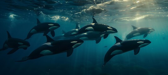 Naklejka premium Photo of a pod of orcas shot direction from below pose swimming together time of day sunset 
