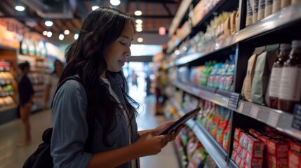 Fototapeta premium Woman Shopping In Grocery Store Using Tablet. Generative AI
