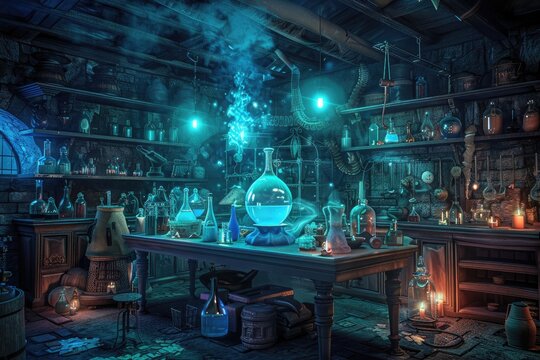 A dark and eerie laboratory with bubbling potions, strange scientific instruments, and an overall mad scientist vibe perfect for Halloween