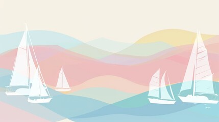 Fototapeta premium Abstract watercolor seascape with sailboats on a colorful background. Perfect for summer and nautical themed designs.