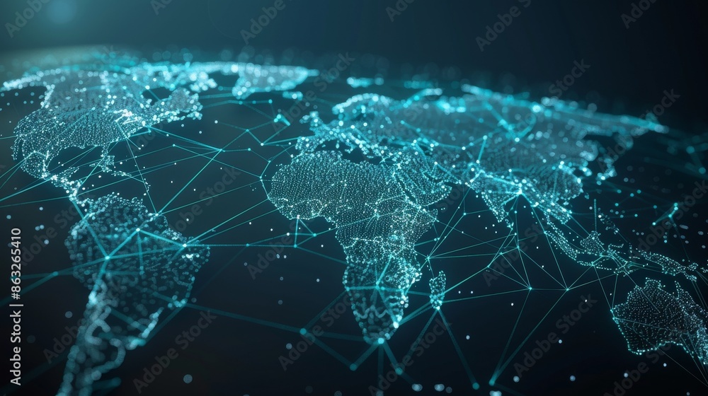 Poster abstract world map with glowing lines, representing global connectivity and communication.