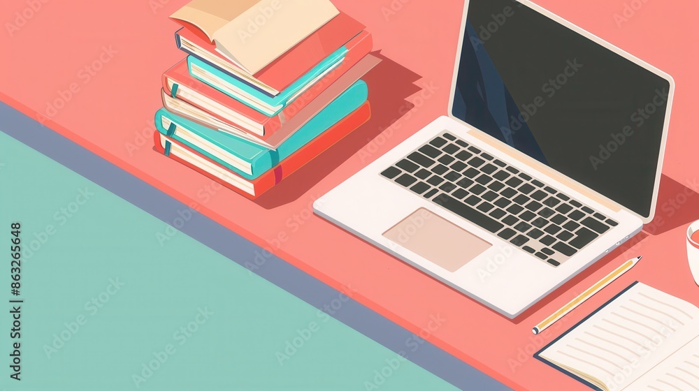 Leinwandbilder a laptop, stack of textbooks, and notebook are on a pink desk, symbolizing modern learning methods. 