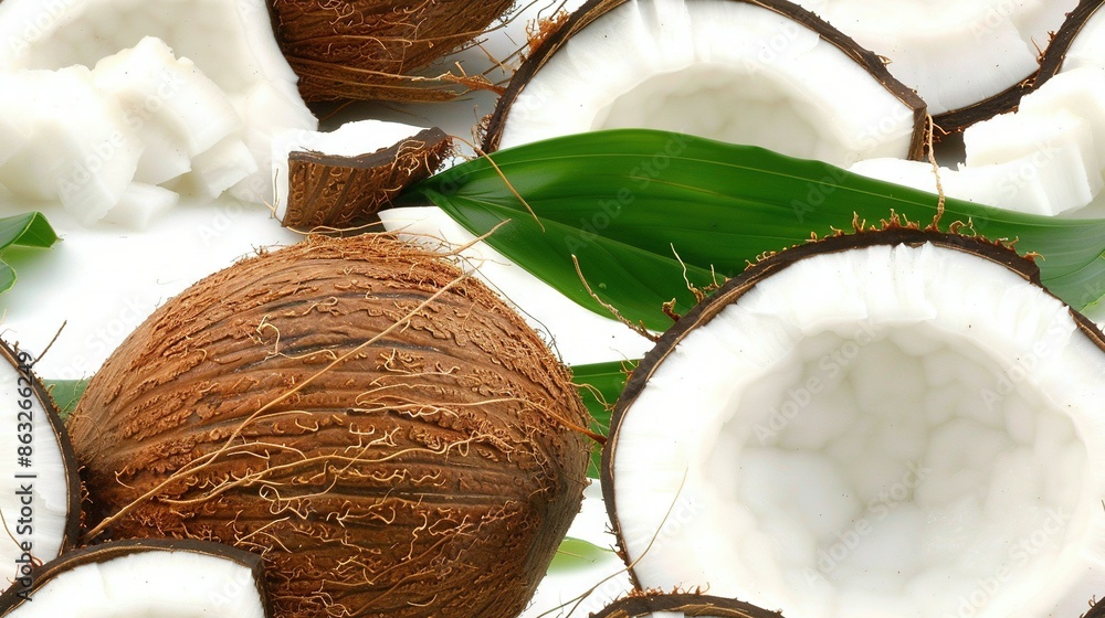 Poster a photo of several coconuts with a leaf on top of one of them