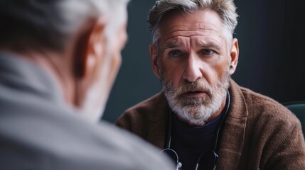 An older male doctor with gray hair and beard is attentively discussing health check documents with a patient in this professionally captured image.