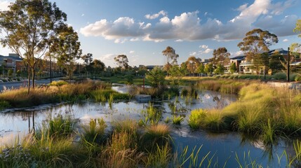 Obraz premium A picturesque urban wetland area designed to support biodiversity and manage stormwater.