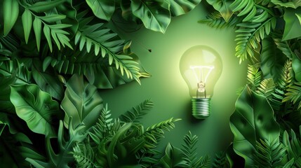 A glowing eco-friendly lightbulb surrounded by lush green plants, set against a green background, symbolizing sustainability and environmental consciousness.