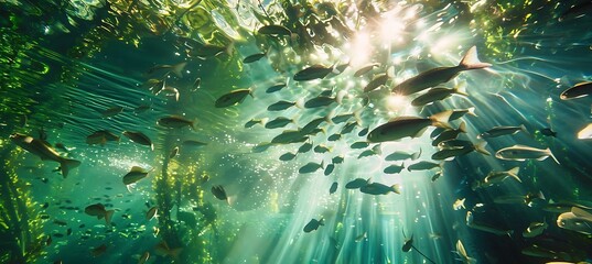 Photo of a school of fish shot direction from below pose swimming in unison time of day midday 