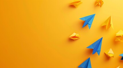 Blue and yellow paper airplanes scattered on a vibrant orange background.