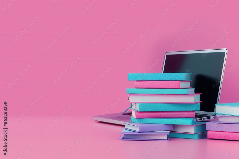 Aufkleber a laptop rests beside a stack of colorful textbooks on a pink background, symbolizing the modern app