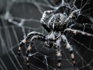 Close-up of a black and white spider on its web, with intricate detail and texture.