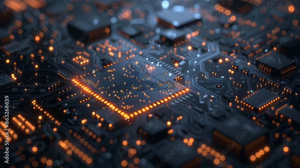 Poster glowing circuit board with illuminated edges. generative ai