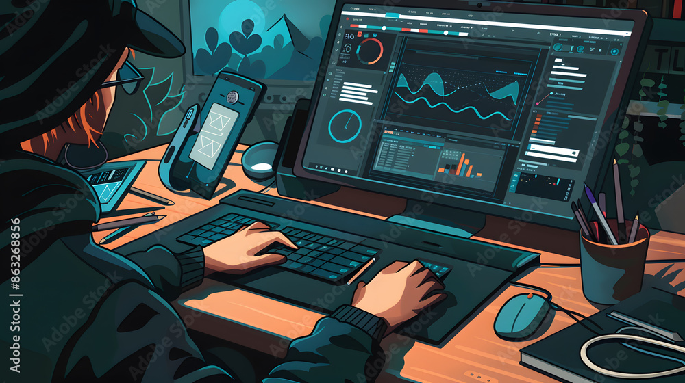 Fototapete graphic designer creating vector art on computer screen