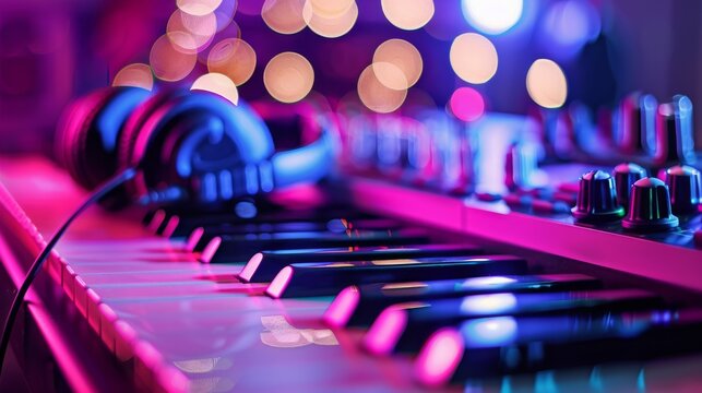 Close-up of a keyboard with headphones and colorful lights, a vibrant music production setup.