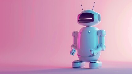 Minimalist White Robot Standing Against Pink Background. Generative AI