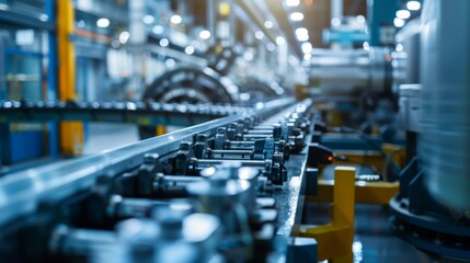 Fototapeta premium Close-up of a metal conveyor belt in a factory setting
