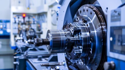 Close-up of a metal lathe with a workpiece in the chuck.  The machine is in a factory setting, with other machinery in the background.