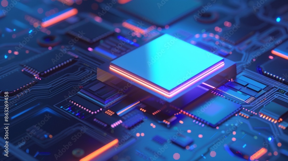 Poster close-up view of a single, isolated ai chip on a circuit board. generative ai