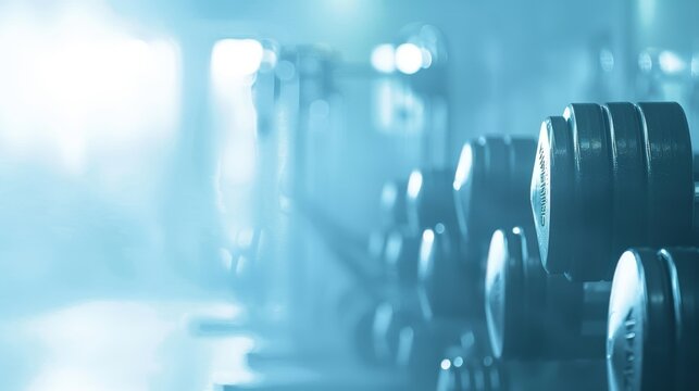 Close-up of a row of weights in a gym.  The weights are in focus, while the background is blurred. The image is lit with a blue tint.