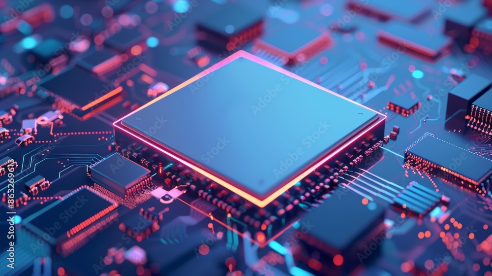 Poster a single ai chip on a circuit board with neon lights. generative ai